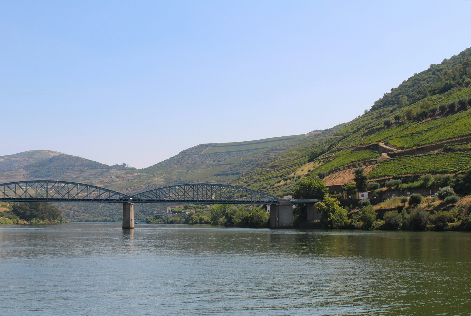 The Pinhão bridge crossing the Douro River below terraced vineyards in Portugal's Douro Valley