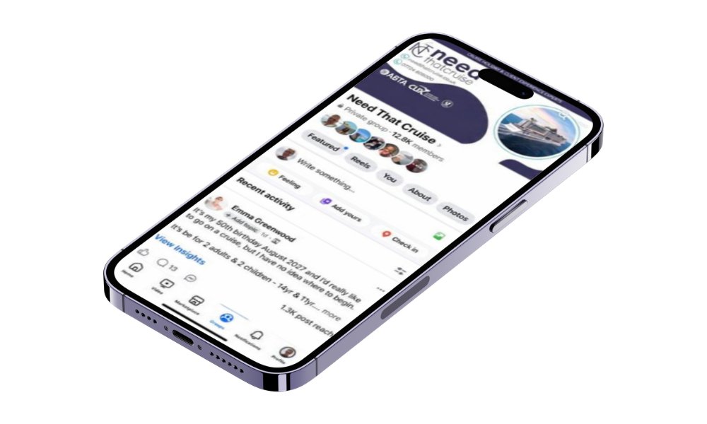 A smartphone displaying the Facebook page for 'Need That Cruise', featuring recent activity and user interactions.