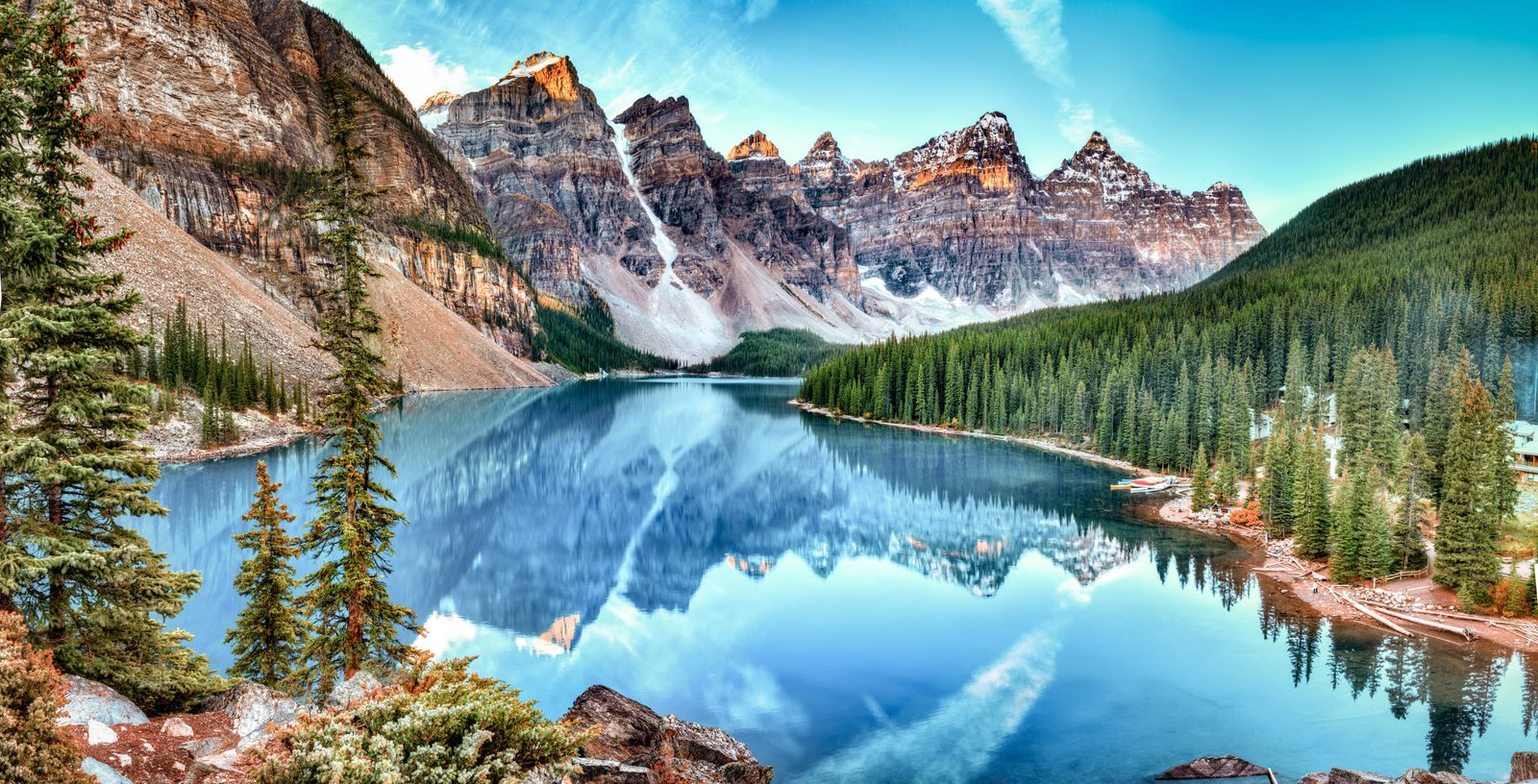 Turquoise Moraine Lake below snow-capped peaks in Banff National Park